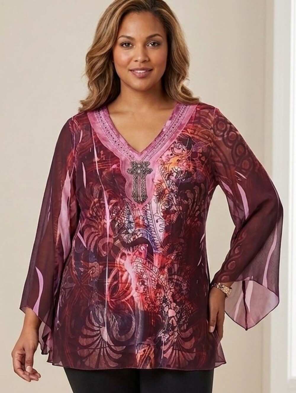 Sheer Floral Boho Top Burgundy V-Neck Embellished Tunic Blouse. US Made. Size 1X